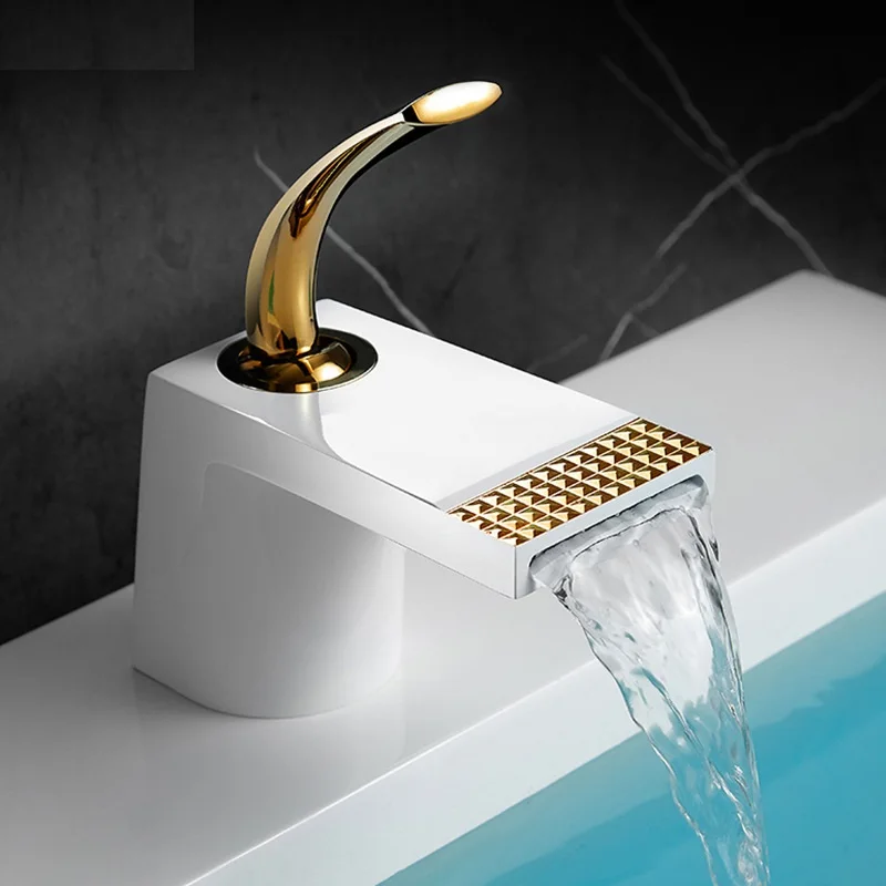 

59# Solid Brass Brushed Gold Basin Faucet Chrome Cold Hot Mixer Taps Deck Mounted White Sink Faucet Brushed Nickel Crane