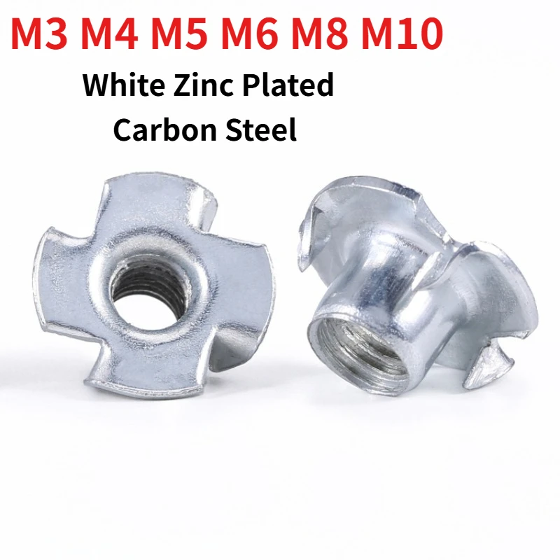 M3 M4 M5 M6 M8 M10 White Zinc Plated Four Claw T Nut 4 Prong Insert NutWhite Zinc Plated Four Claw T Nut, 4 Prong Insert Nut