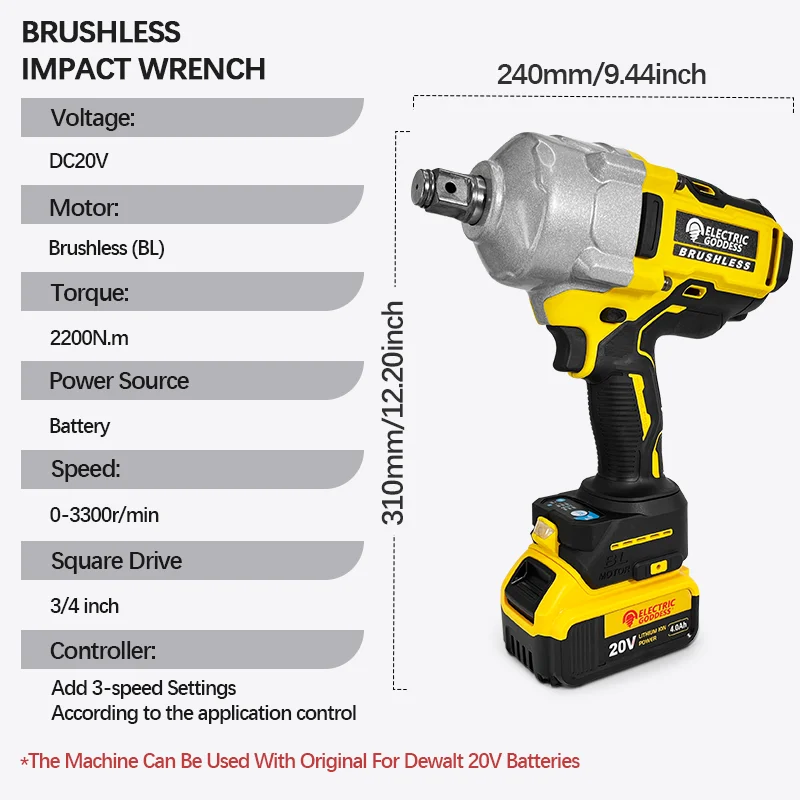 Electric Goddess 2200N.M Brushless Torque Wrench Cordless Electric Impact Wrench 3Gears Repair Power Tool For Dewalt 20V Battery