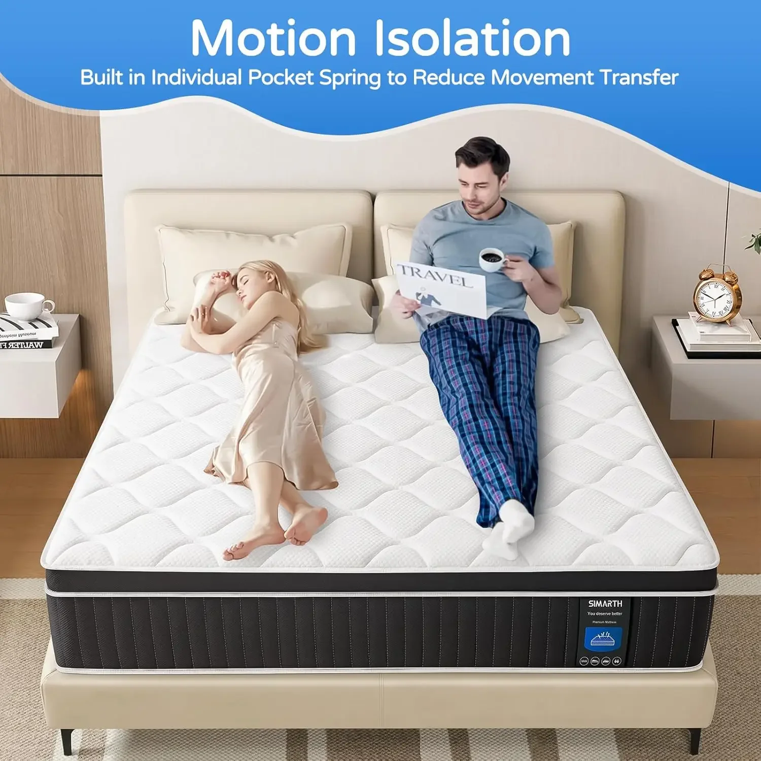 Matelas Hybride King en Mousse à Mémoire de Forme, 12 Pouces, Ressorts Pochés dans une Boîte pour les Instituts de Pression et le Sommeil Soutien