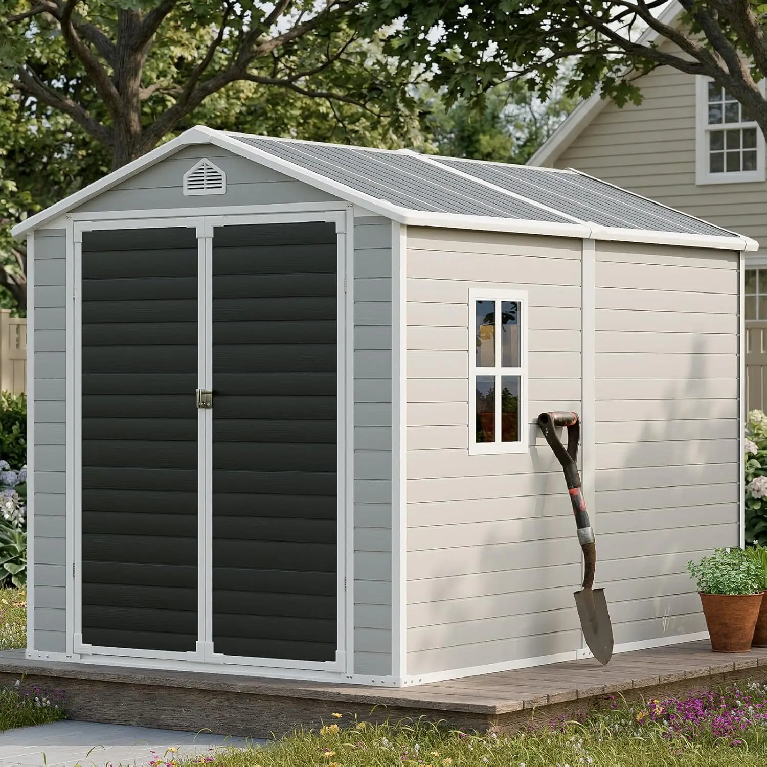 #8x6FT Waterproof Resin Storage Shed with Floor Lockable Door Windows Outdoor Garden Tool Shed Backyard, Customized