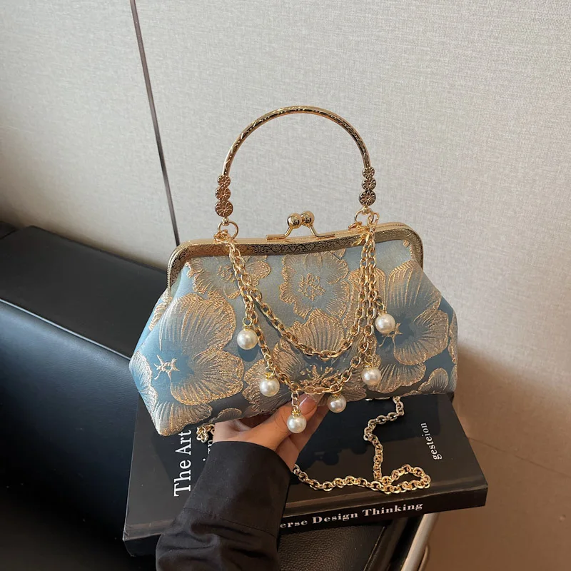 

Elegant Women's Pearl Chain Shoulder Bags Embroidered Clutch Purse Fashion Wedding Party Evening Crossbody Handbag Gift for Her