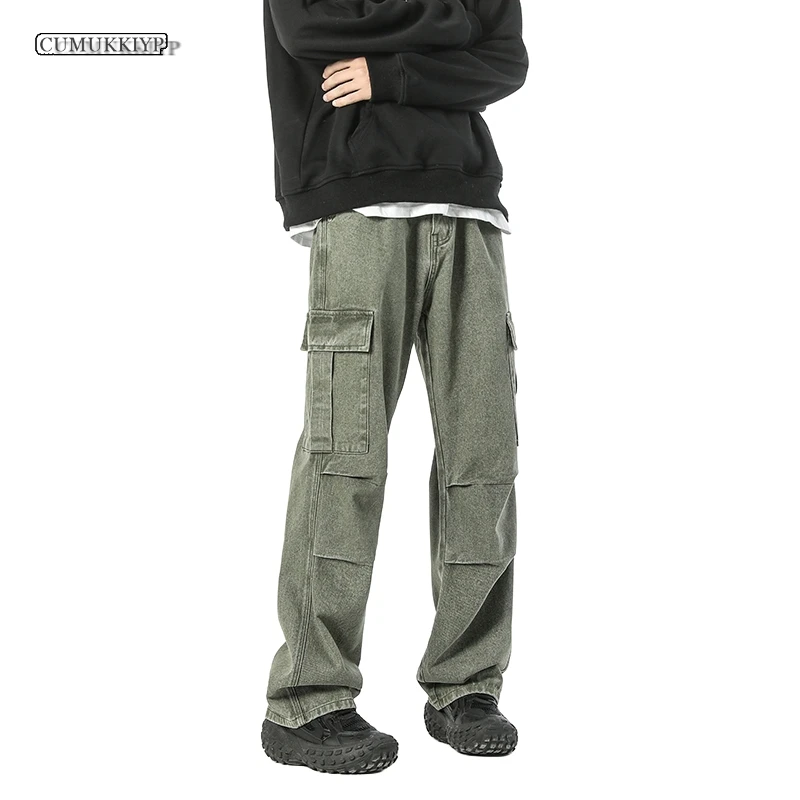 Green Vintage American High-street Baggy Cargo Pants Men Multi-Pocket with Military-style Design Straight Jeans Autumn Winter