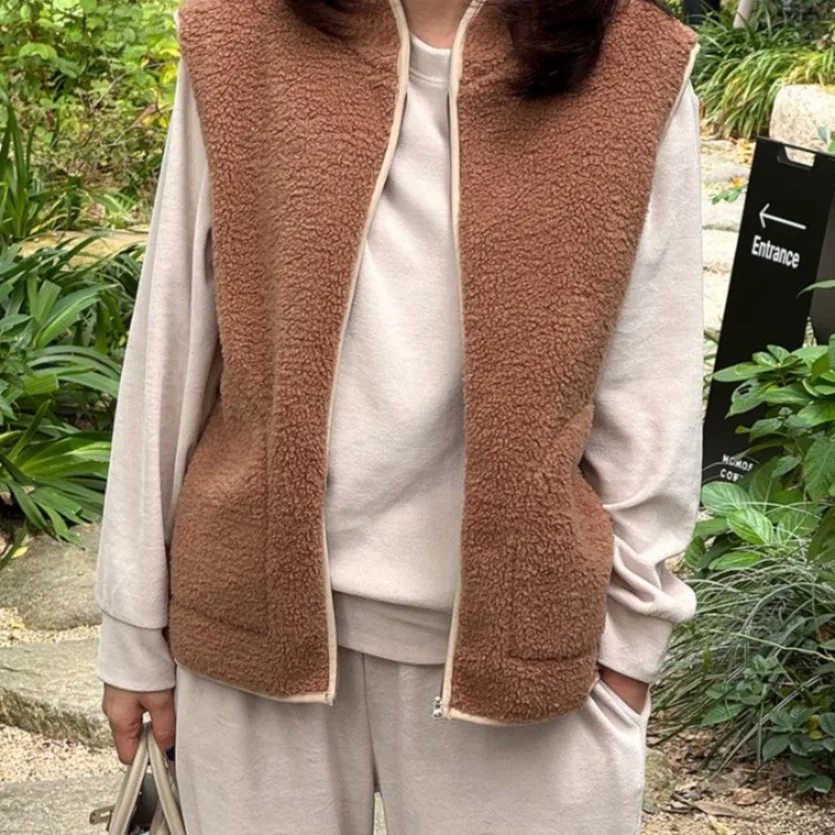 Gilet Chic en fourrure d'agneau pour automne et hiver, Jaet décontracté, polyvalent, chaleur, petit ence, Design sens, fermeture à glissière en Fiber de Polyester