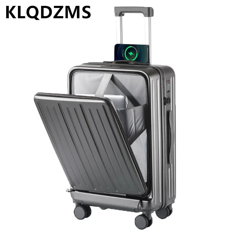 KLQDZMS 20 "22" 24 "26 cali torba podróżna na bagaż USB ładowanie walizka na pokład otwierana z przodu walizka na kółkach na laptopa ABS + PC zamek błyskawiczny walizka