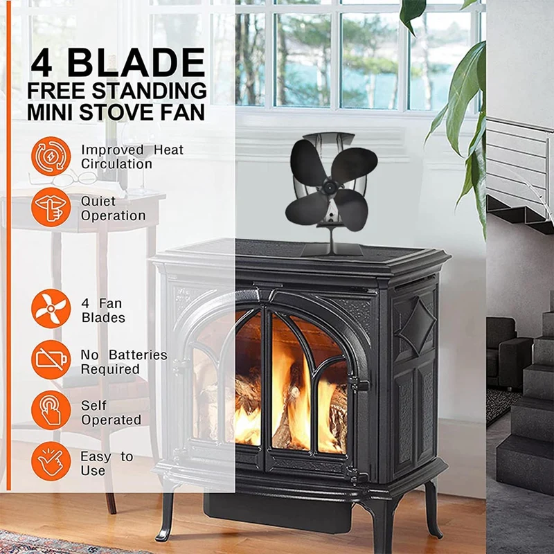 Wood Stove Fan 4 Blades Heat Fireplace Fans For Wood/Log Burner/Fireplace Black TP2002-4