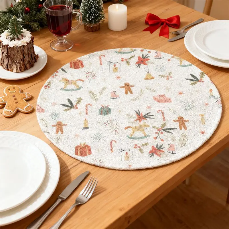 VIKAMA Cream Round Christmas Gingerbread Rocking Horse Gift Candle Linen Placemat Table Mat Dining Decor Kitchen Soft Durable