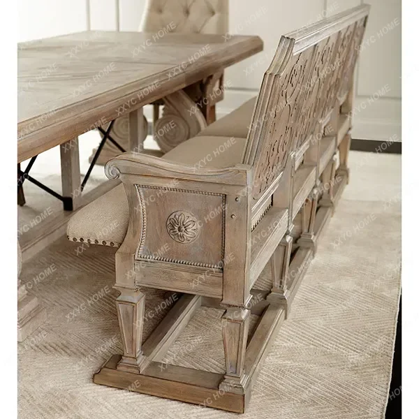 JYAX69  Country Solid Wood Dining Table And Chair Combination  Antique White Distressed Oak Conference Table Villa