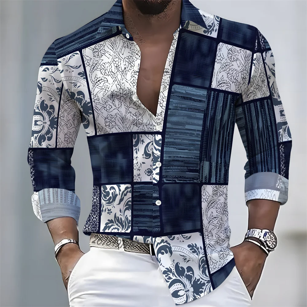 Men's Light Luxury Style Color Block Print Long-Sleeve Shirt, Business Casual Versatile Lapel Loose Fit Fashion Shirt