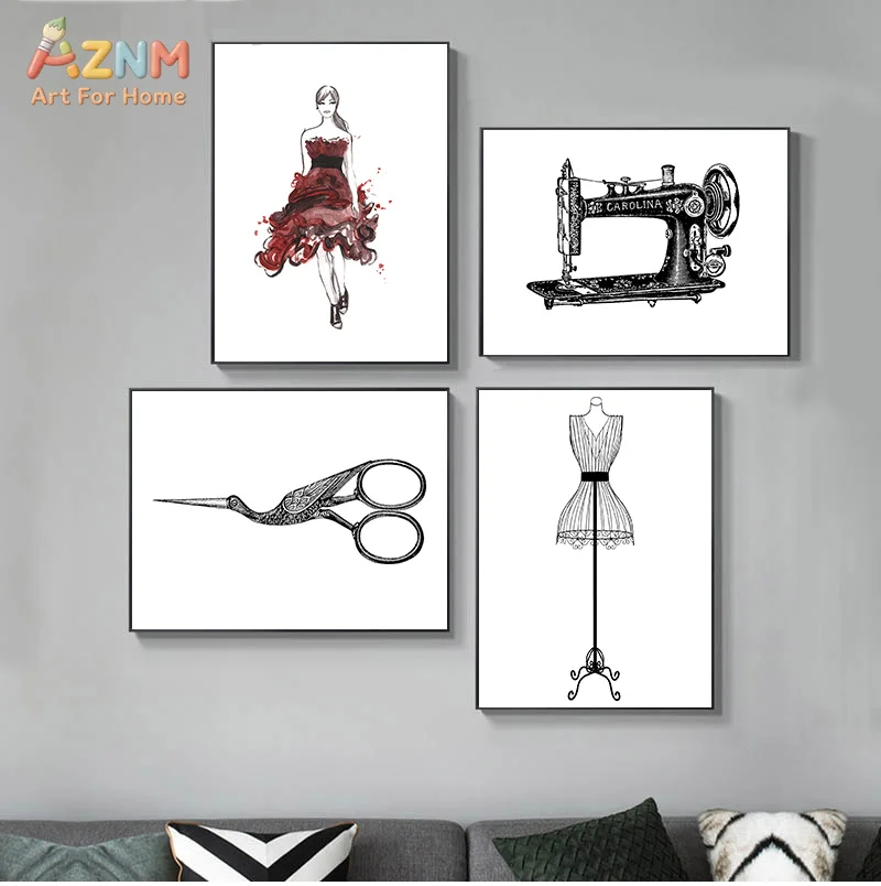 AZNM Fashion Sewing Theme Canvas Wall Art Print, Vintage Sewing Machine Mannequin Scissors Red Dress Sketch Tailor Studio Minima