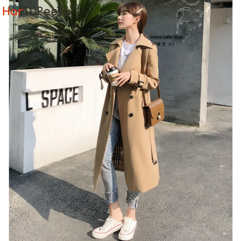 Trench Coats longo com gola V feminino com cinto, jaqueta à prova de vento, trespassado duplo, moda outono, street wear, tamanho S-XL, Dropshipping,