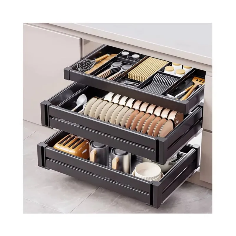 

Multifunctional Flat Aluminum Kitchen Storage Unit Organizer Pull Out Basket Drawers with Dish Rack