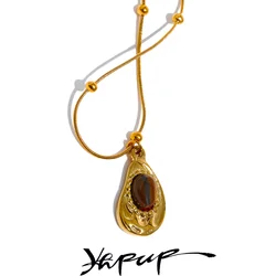 Yhpup Stainless Steel Cashew Drop Inlaid Natural Tiger Stone Pendant Necklace Rust Proof 18K PVD Plated Chain Neck Jewelry