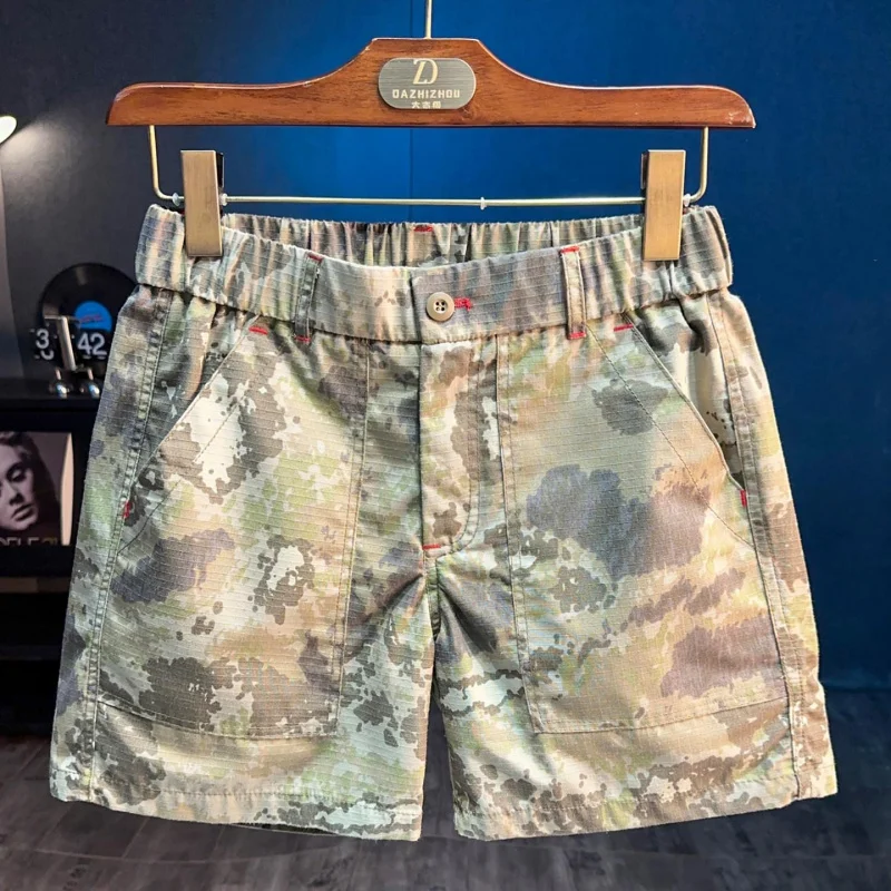Men's 3/4 Inch Cargo Shorts, Multi-Pocket, Elastic Waist, Camo Pattern, For Outdoor Activities Summer 2026, Daily Sports Shorts