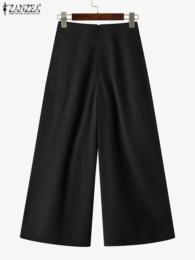 

ZANZEA Summer 2024 Solid Color Pants Elegant Women Wide Leg Long Trousers Casual Pleated Pantalon Fashion High Waist Pants