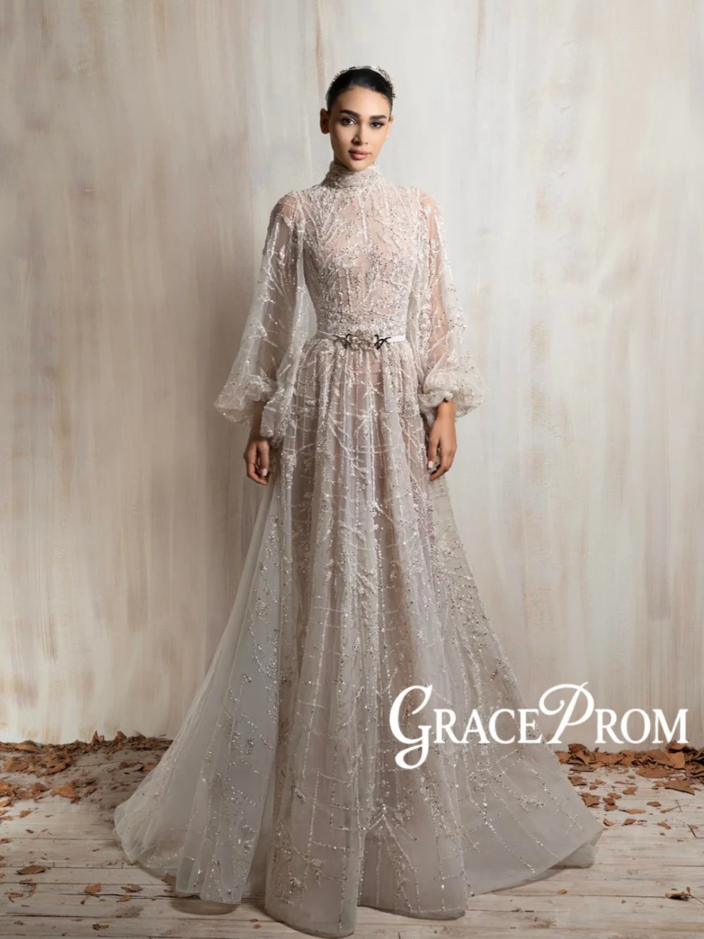 

Shimmering Luxury Beaded Evening Dress Modern High Collar Wedding Party Gown Customized Glamorous A-line Long Red Carpet Gowns