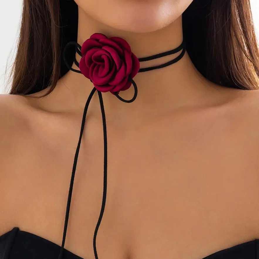 IngeSight.Z Exaggerated Multicolor Big Rose Flower Choker Necklace Women Goth Black Velvet Weave Knotted Bowknot Party Collar