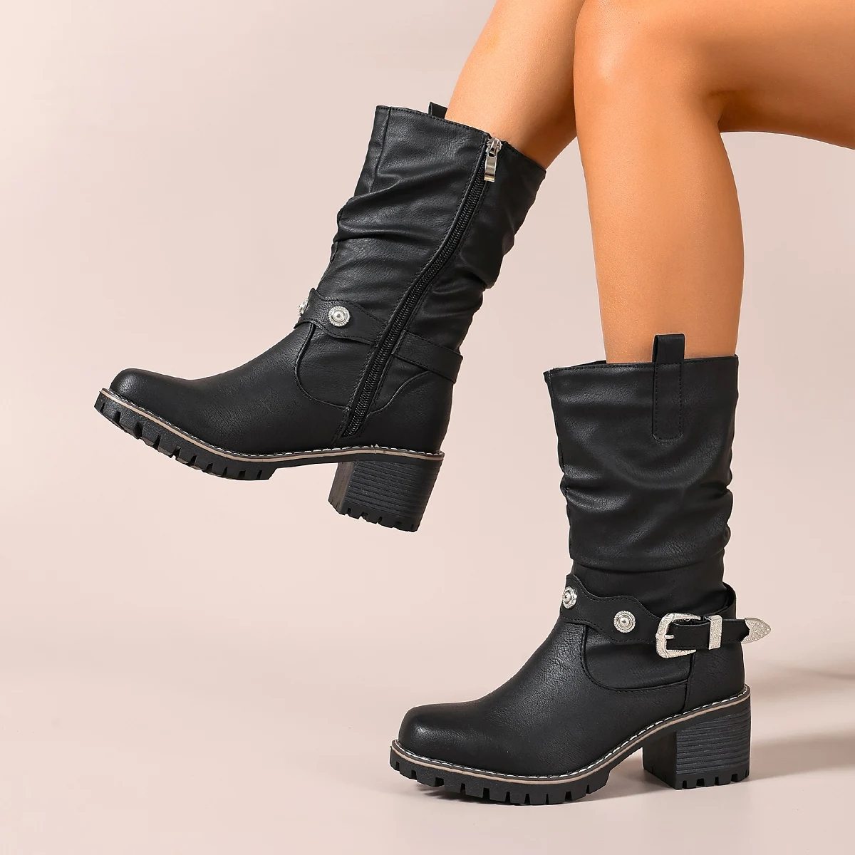 Western Mid-Calf Boots for Women, Black Round Toe, Chunky Heel, Metal Buckle, Side Zipper, Fashion Boots, Large Size, Versatile, Soft Sole, Comfortable, New Autumn and Winter Style, Riding Boots