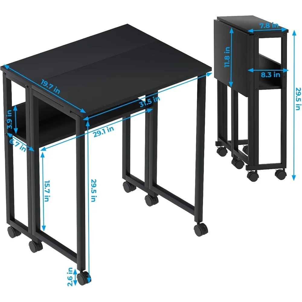 Compact Portable Folding Desk with Storage Shelf, 31.5 Inch Rollable Computer Desk for Small Spaces, Easy Assembly and Mobility