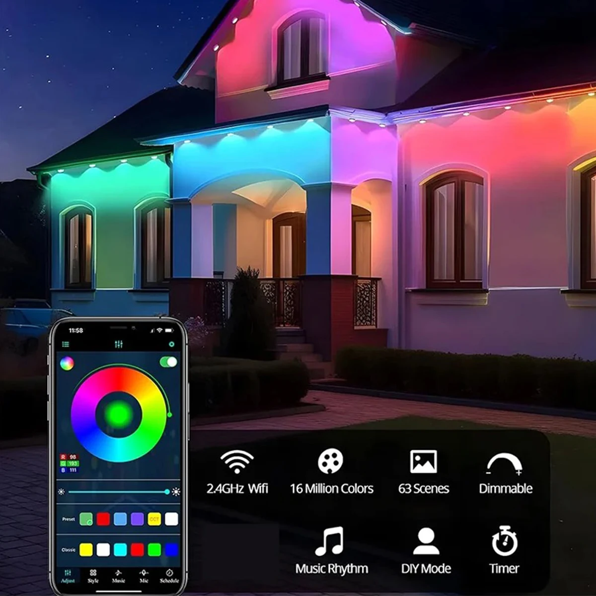Bluetooth/WIFI Eaves Lights Decoration Remote 24V/5V Decorative USB Dimmable US Plug RGB String Waterproof Permanent Outdoor LED