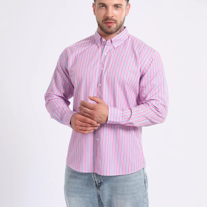 

Men's Pink Blue Striped Long Sleeve Button Down Shirt with Button Down Collar