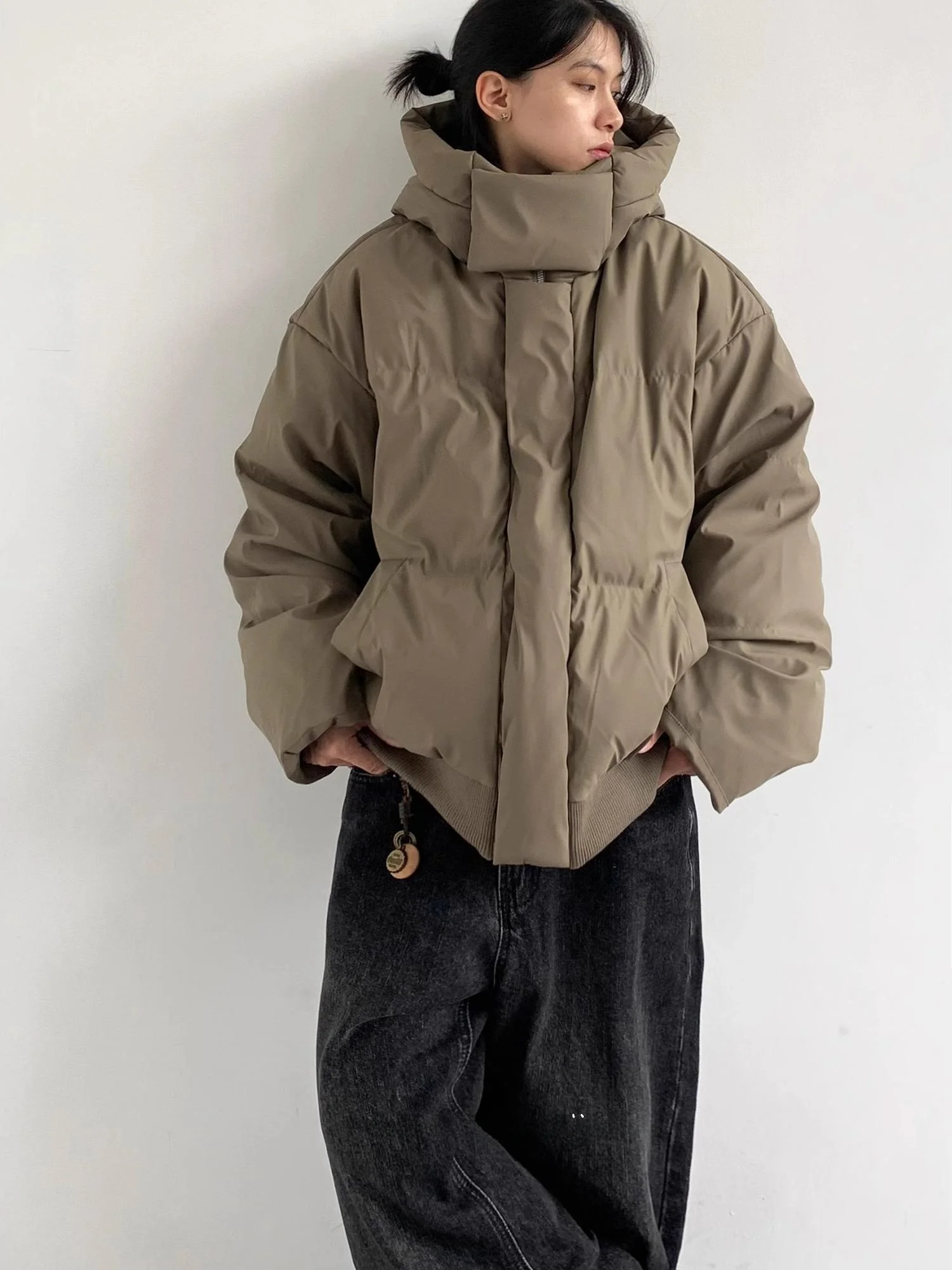 

American Retro Hooded High Collar PU Leather Surface Cotton Jaet Men Women Winter Loose Thi Warm Bread Sle Cotton Coat