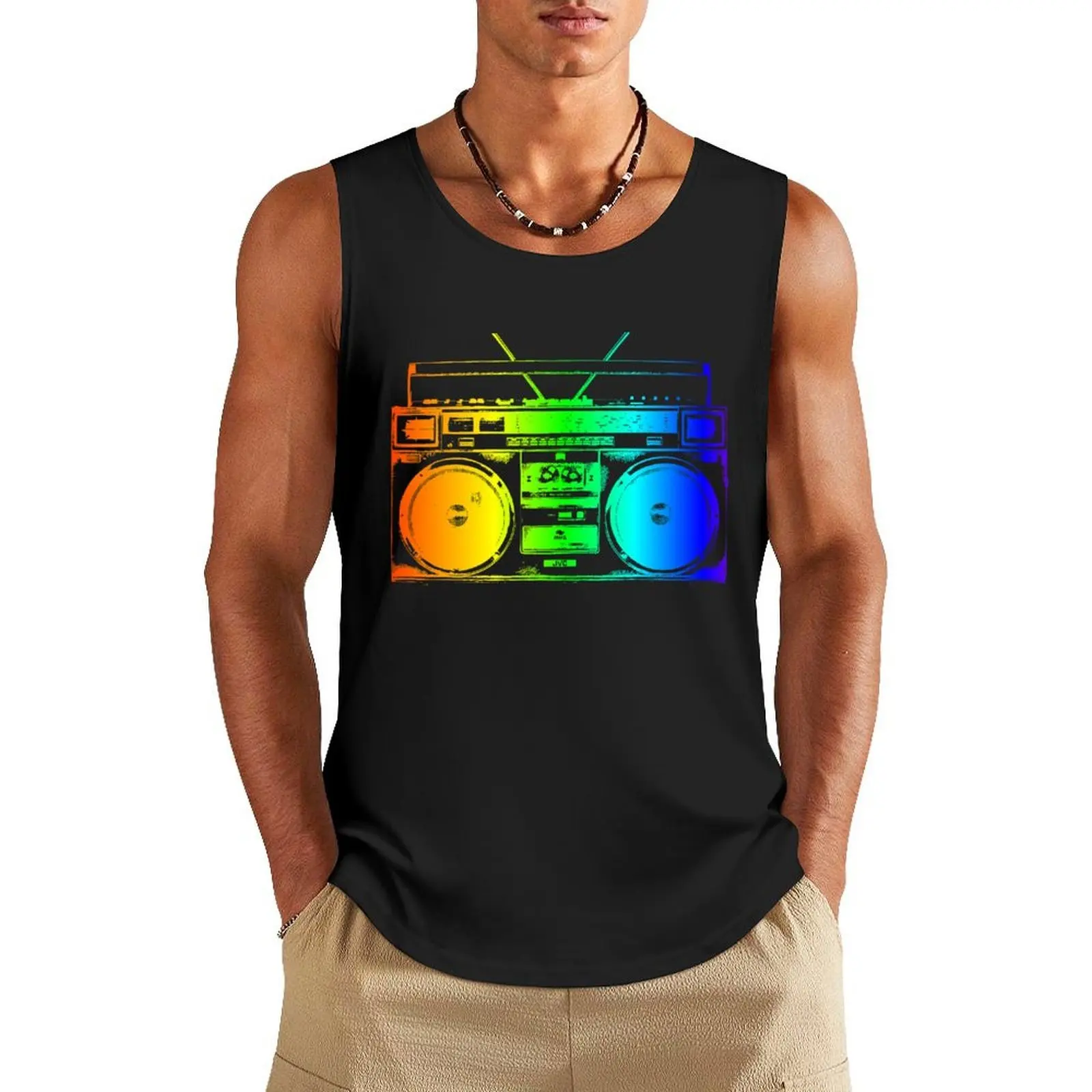 

Boombox Ghettoblaster Rainbow 80s Neon Glow Retro Tie Dye Art Tank Top summer Men's tops vest men