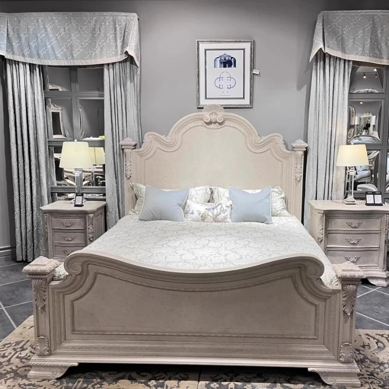 

Solid wood bed American oak retro high back 1.8 meters double bed master bedroom French carved wedding