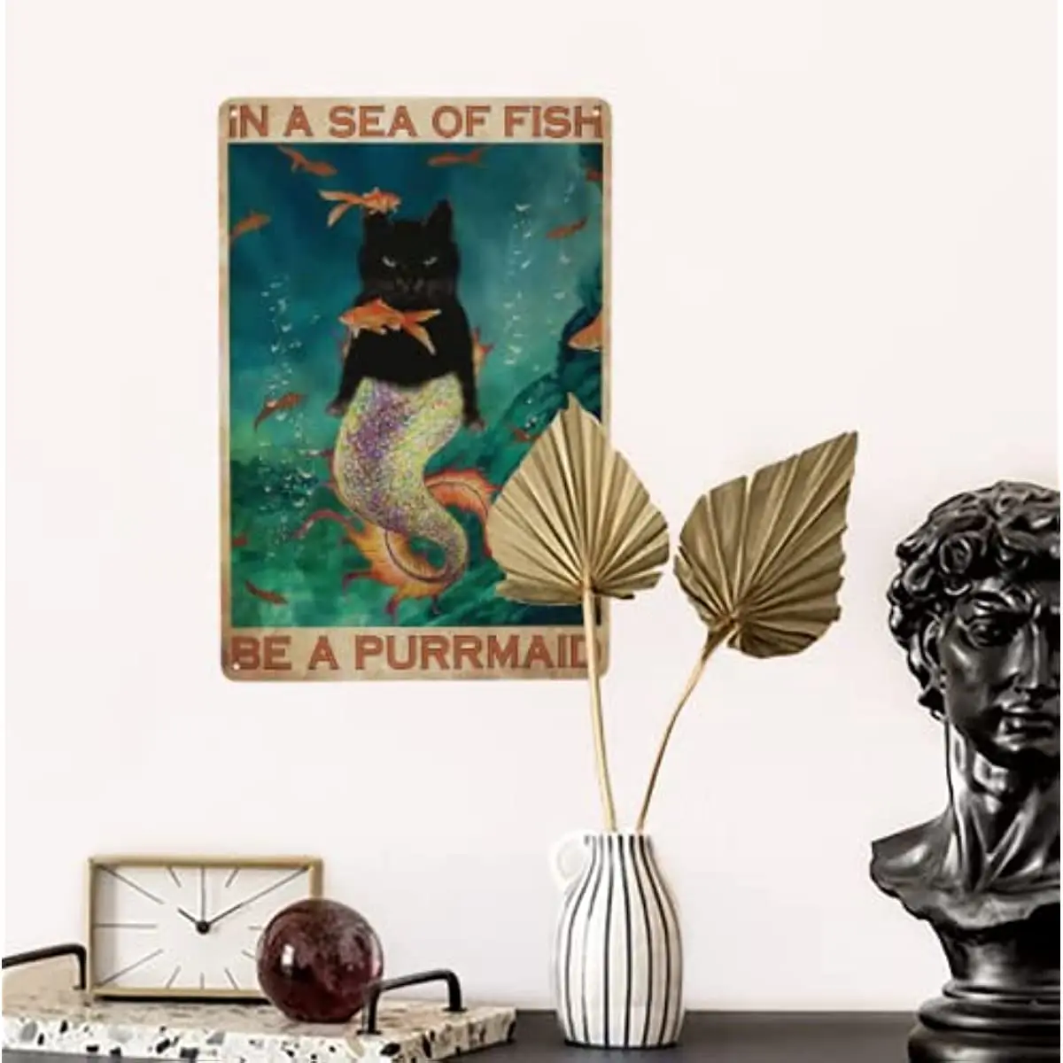 Vintage Tin Sign Art Black Cat Metal Poster Mermaid Metal In A Sea of Fish Logo Poster Home Kitchen Cafe Bathroom WallDecorGifts