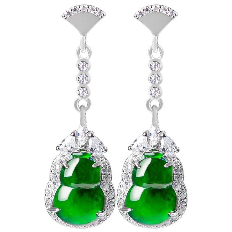 

Natural Jadeitea Gourd Earrings S925 Silver Inlaid Fashion Female Accessories Jewelry D374