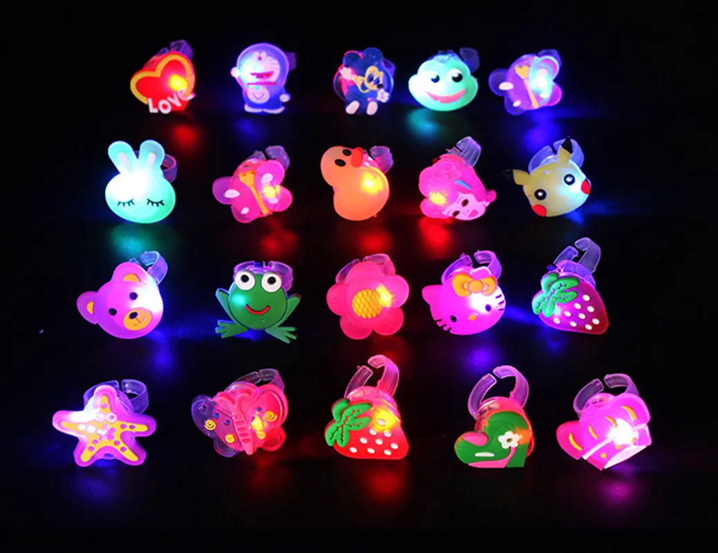 12Pcs/Bag Kids Cartoon LED Flashing Light Up Glowing Finger Rings Electronic Christmas Halloween Fun Toys Party Accessories Gift