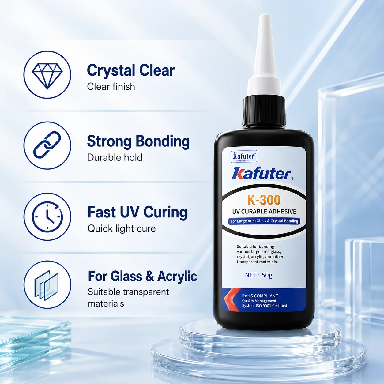 Kafuter K-300 K-302 K-303 K-306 UV Curable Adhesive Clear Glass Bonding Glue for Glass Acrylic Crystal DIY Repair 50g