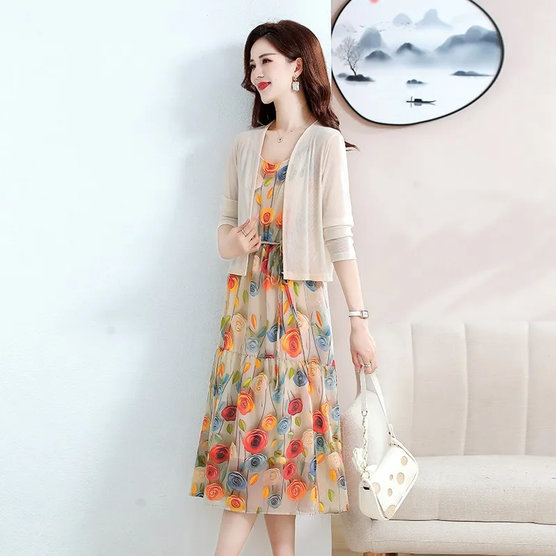 Spring summer New Cardigan shawl top Floral Sling Dress Two-piece Women\'s Professional Suit Korean Fashion Skirt Set