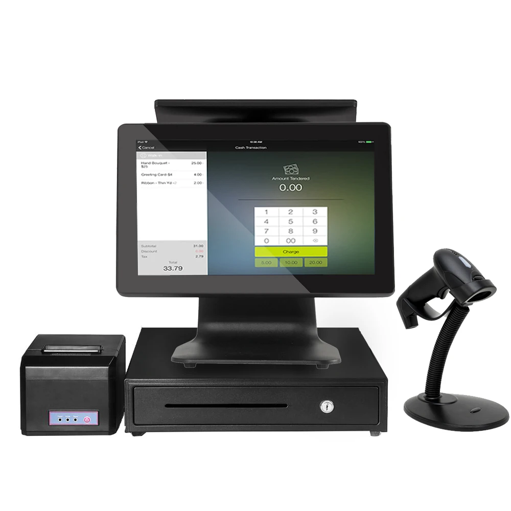15 بوصة مطعم POS ماكينة تسجيل المدفوعات النقدية شاشة تعمل باللمس نظام النافذة MSR VFD عرض العملاء حساب الدفع أمين الصندوق المميز
