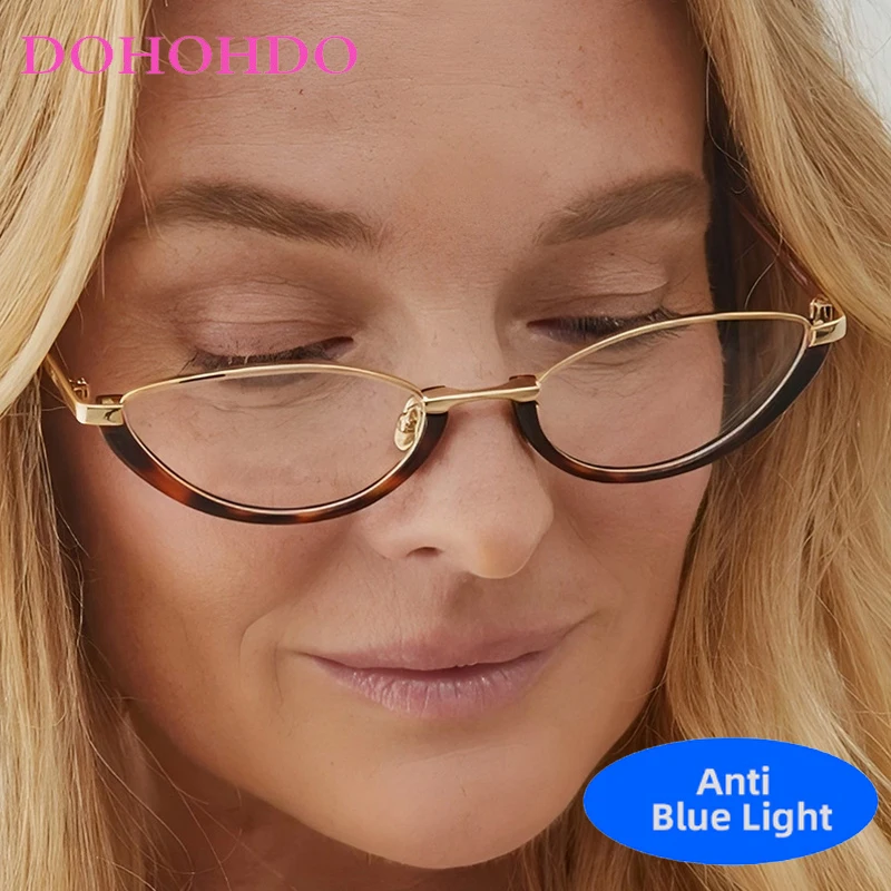 

New Luxury Brand Designer Metal Half Frame Cat Eye Glasses Men Women Trendy Small Frame Computer Anti-Blue Light Eyeglasses Очки