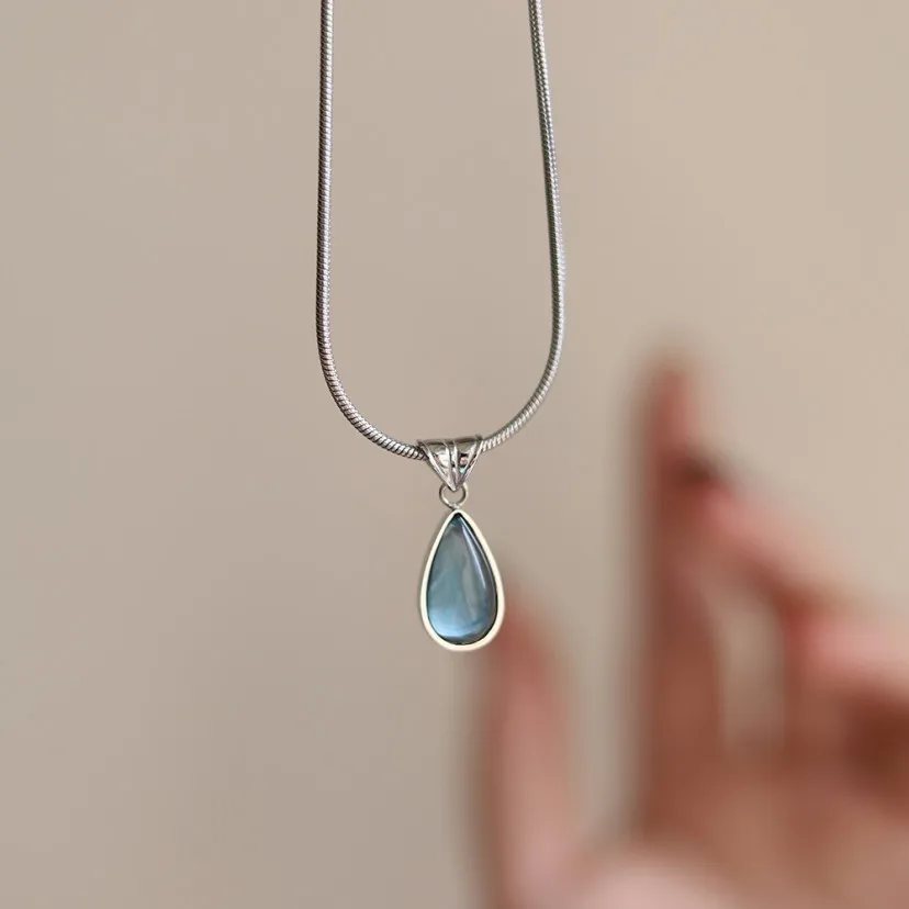 Fashion Classic Tears of the Blue Ocean Pendant Necklace Women's Choker Fashion Titanium Steel Gold-plated Snake Bone Necklace image 3
