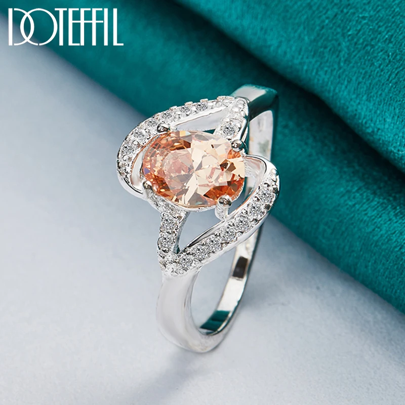 DOTEFFIL 925 Sterling Silver Orange 5A Zircon Ring For Woman Wedding Engagement Party Jewelry