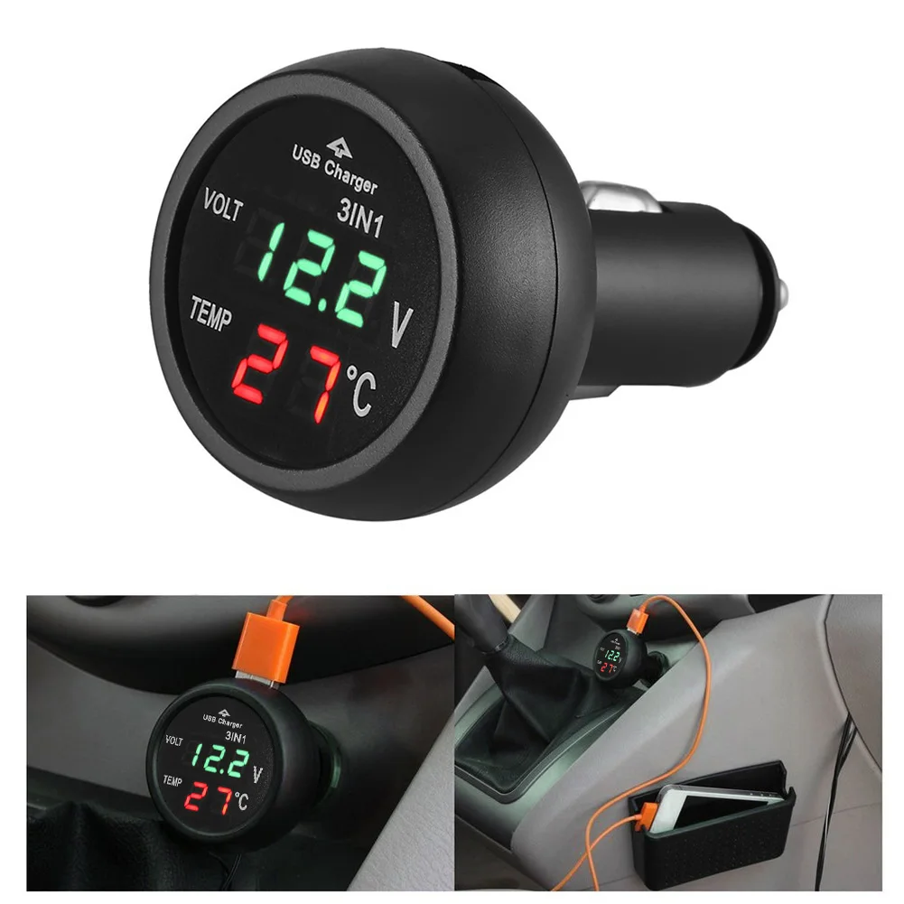 Chargeur USB Voiture 3-en-1 – Voltmètre + Thermomètre LCD, 12-24V, Affichage Tension & Température, Ports 5V 2.1A