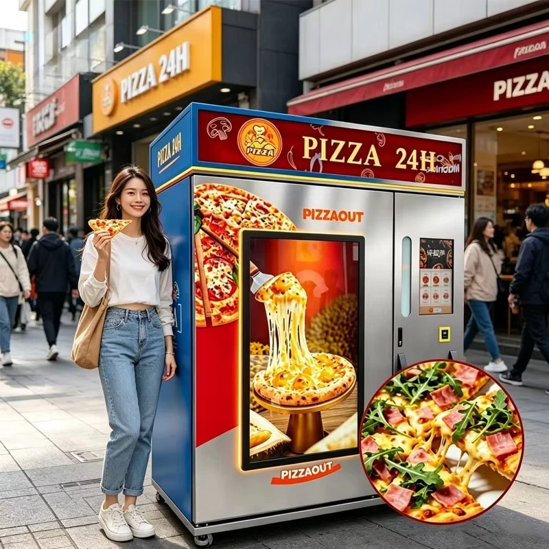 Custom-designed pizza vending machine with SDK, efficient oven, touchscreen and remote monitoring for street business operations