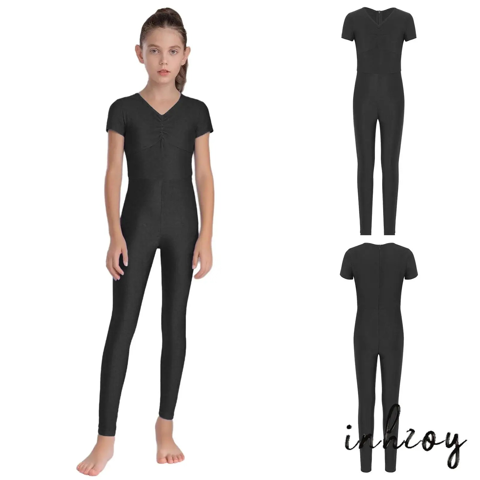 

Child Girls Gymnastics Performance Jumpsuit Ruched Front V Neck Short Sleeve Back Zipper Full Body Bodysuit for Ballet Skating