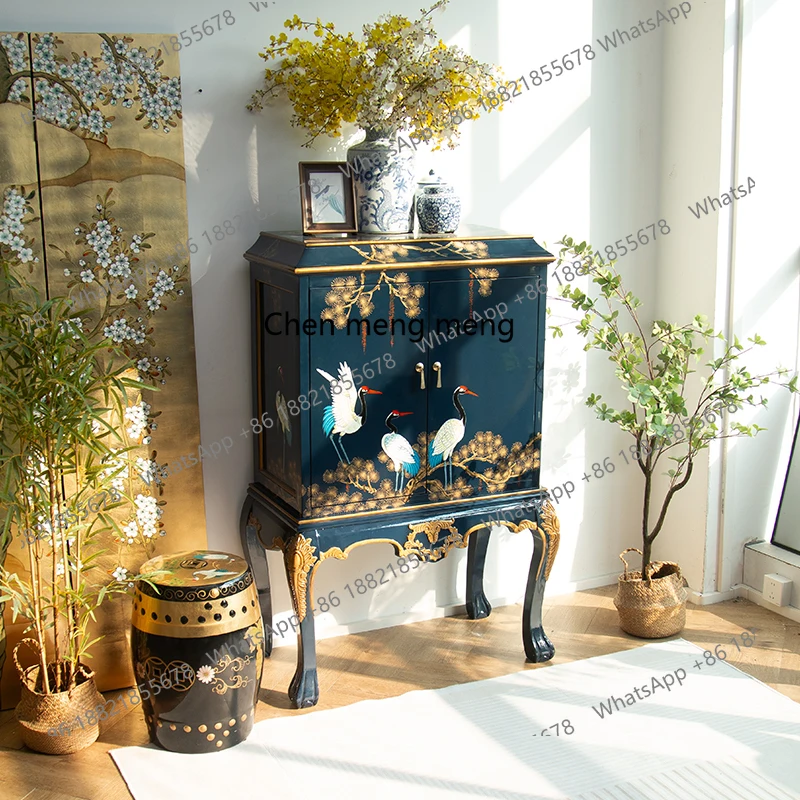 

entrance cabinet decorative solid wood carving flower storage double-door wine cabinet French medieval light luxury cabinet