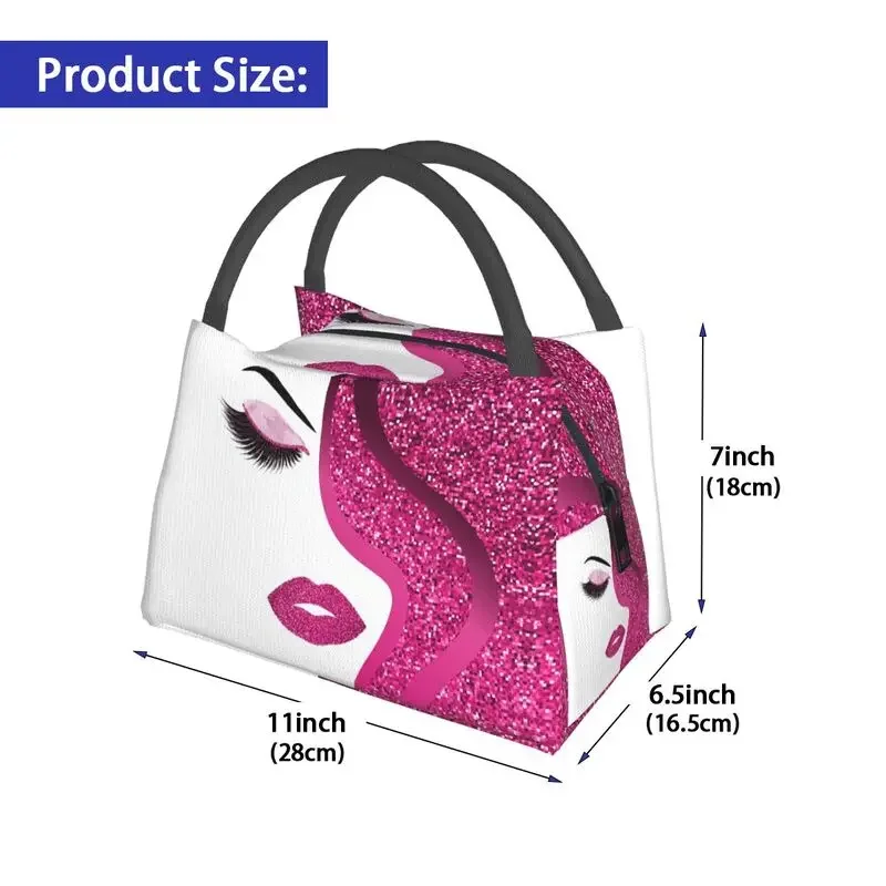 Eyelash Makeup With Pink Glitter Insulated Lunch Bag for Camping Travel Lashes Artist Waterproof Cooler Thermal Lunch Box Women