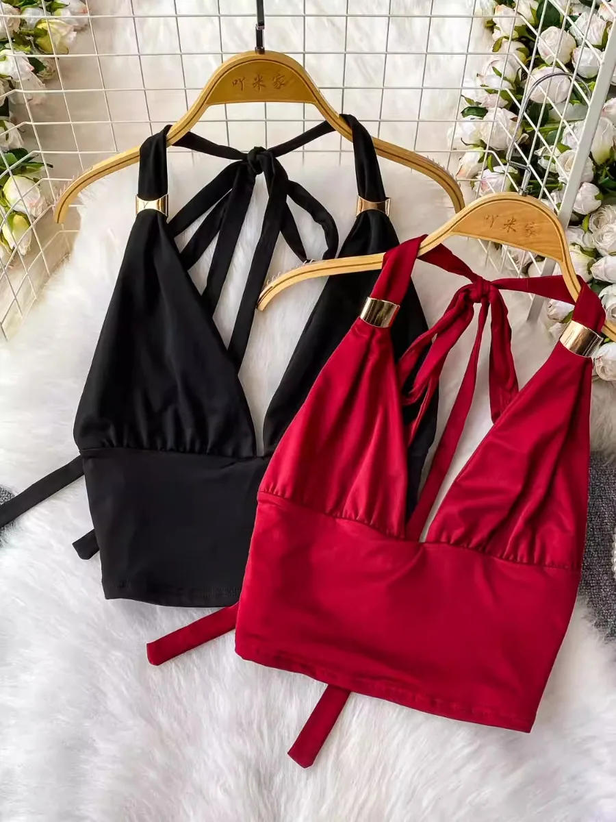 Foamlina mode haute rue Sexy dos nu col en V haut à licou femmes été Niche concepteur cravate coupe ajustée recadrée Blouse gilet