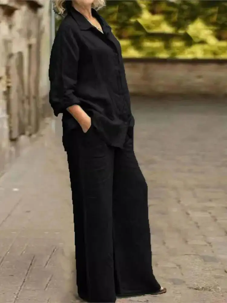 

Fashion Shirt Long Sleeved Women's Spring Autumn Loose Cotton Linen Wide Leg Trousers Female Office 2Piece Set
