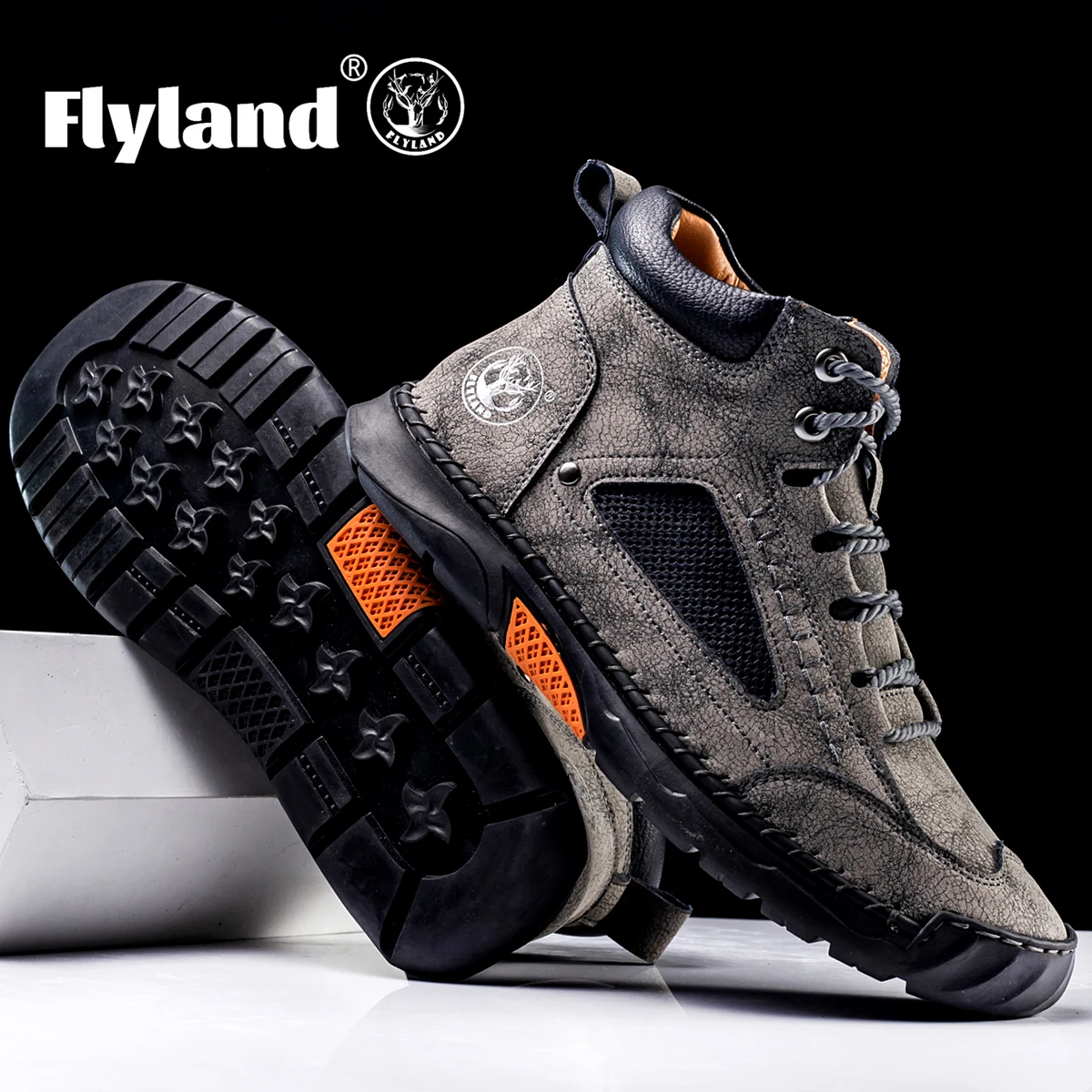 FLYLAND Men's Classical Vintage Soft Skin-friendly Feeling Frosted Genuine Leather Business Ankle Boots Handmade Casual Boots