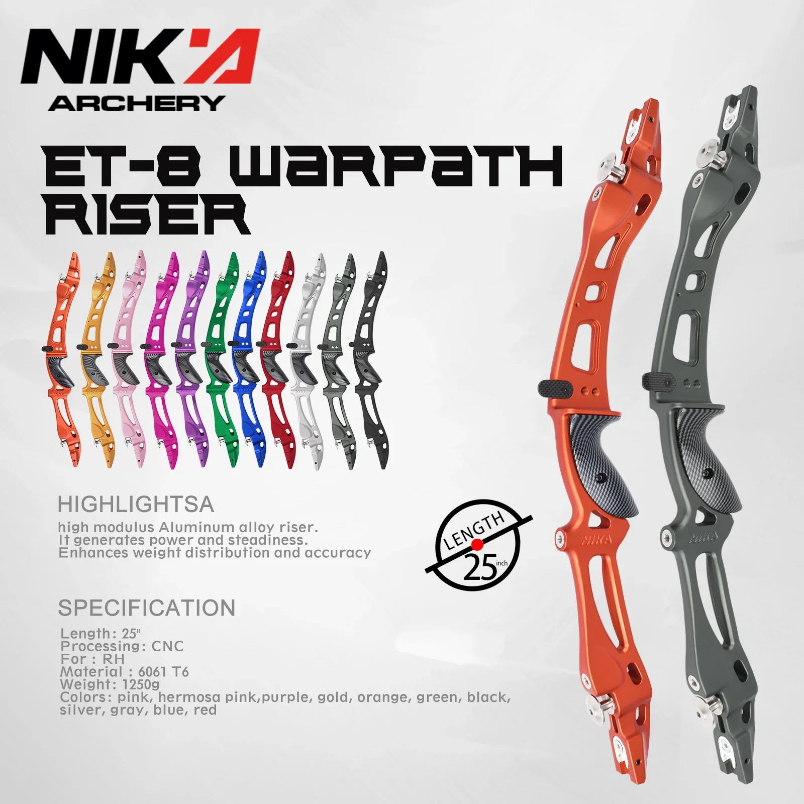 NIKA Archery 25" ILF CNC Recurve Bow Riser Left/Right Hand 3K Carbon Fiber Handle Traditional Take Down Bows ET-8 Warpath Riser - view 5