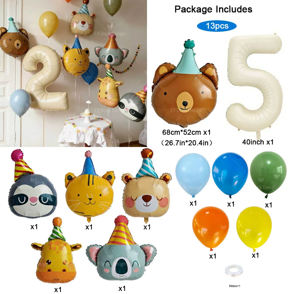 1Set Circus Animals Theme Balloon Birthday Hat Bear Koala Cat Deer Foil Balloons Cream Number Birthday Party Atmosphere Decorati - view 6