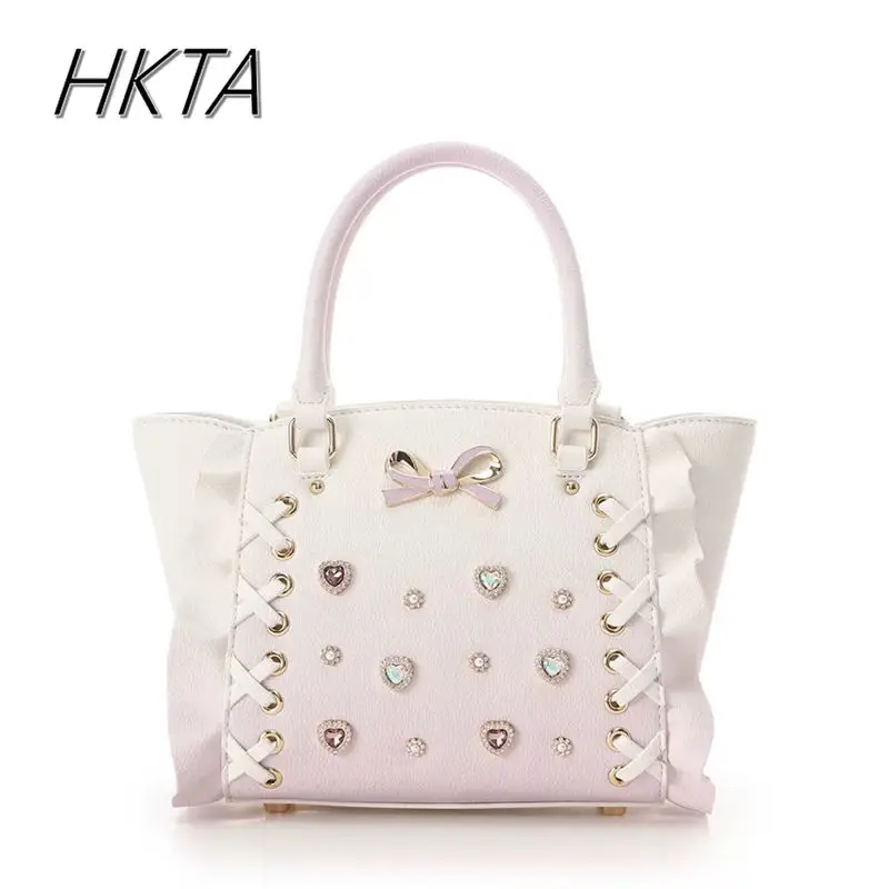 Japanese  Lolita Women Tote Bag Gradual Change Color Rhinestone Liz Bag Sweet Bow Portable Shoulder Oblique Straddle Backpack