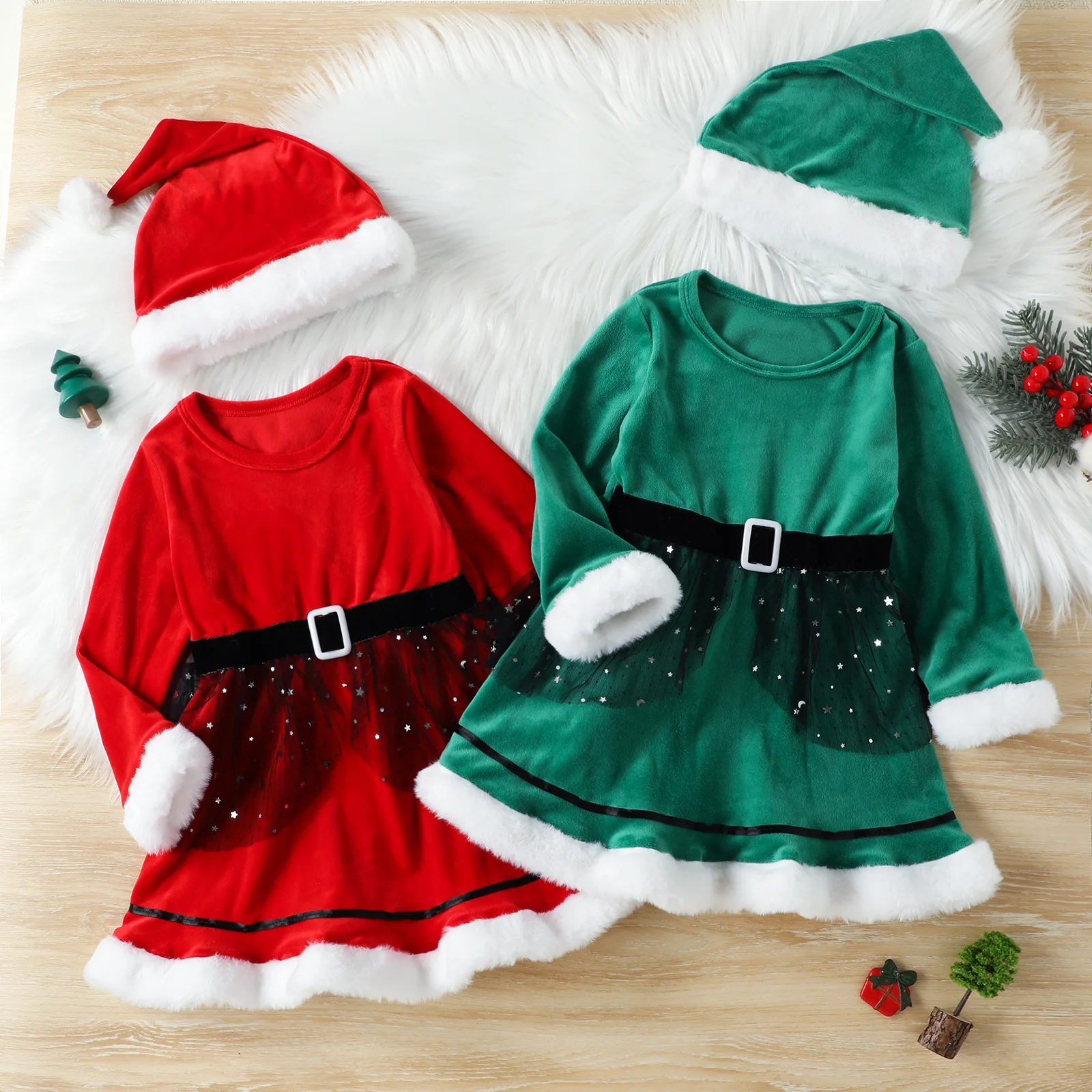 

Baby Christmas Dress For Girls Solid Longsleeve Santa Claus Robe Festival Party Costume Merry Christmas Clothing