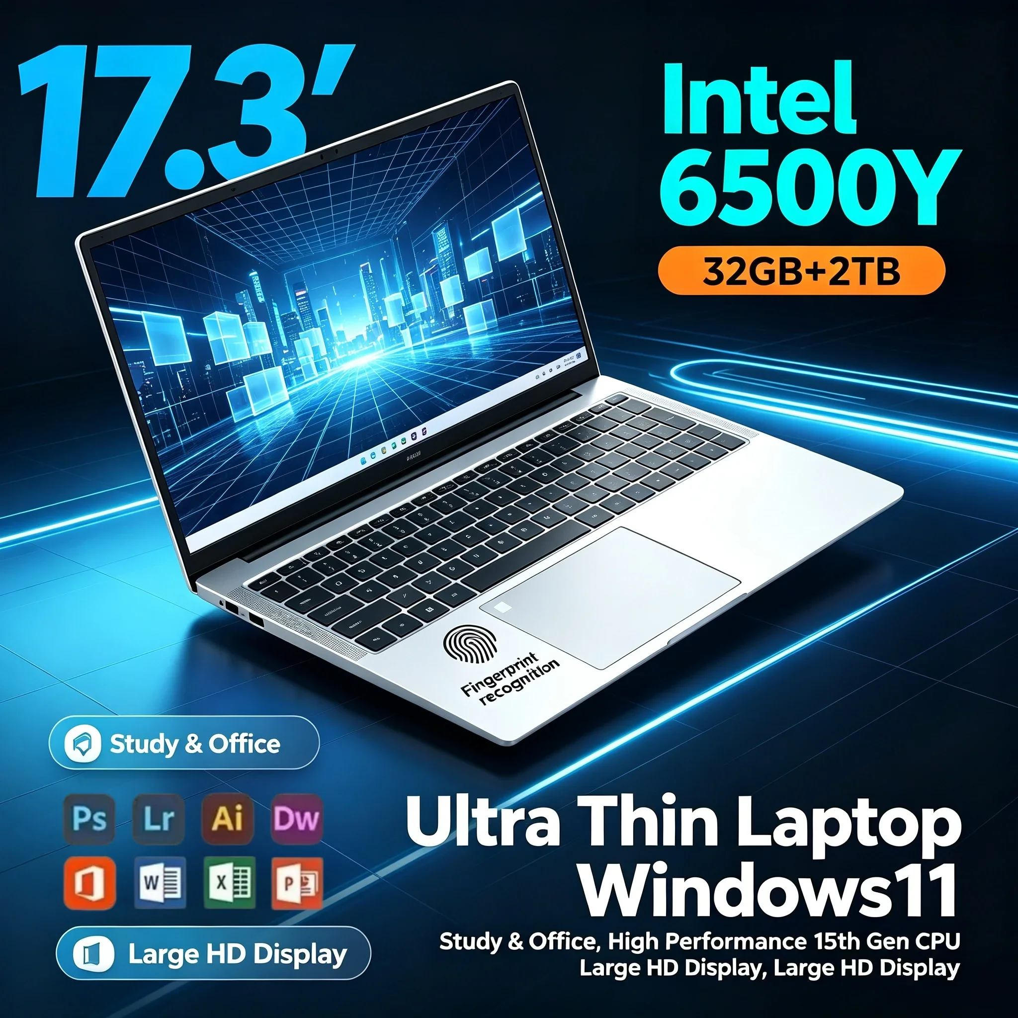 17.3'' Large HD Portable Laptop Intel 6500Y 32GB RAM 1TB 2TB SSD Windows 11 WiFi6 BT5.2 PC For Home Learning Office Student Task